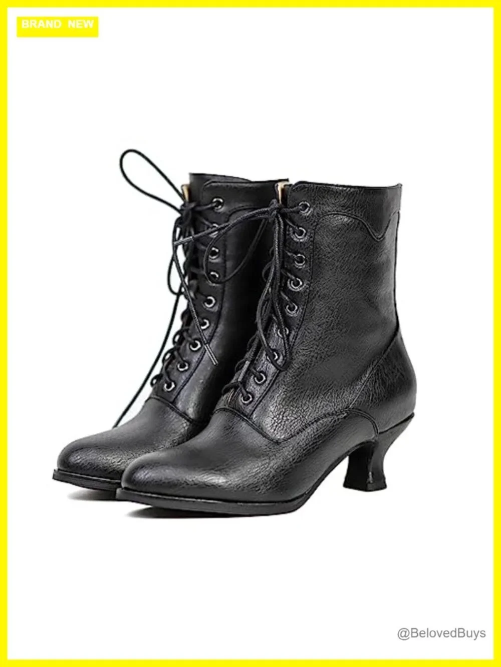 Women's Victorian Ankle Boots - Mid Calf, Round Toe, Chunky Heel & Lace Up